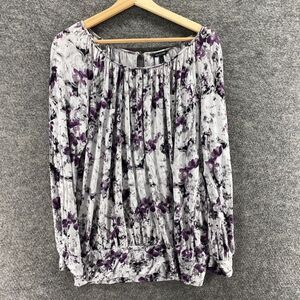 Daisy Fuentes Blouse Women L Large Gray Colorblock Long Sleeve Hook & Eye Rayon